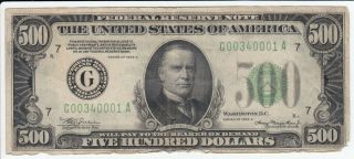 1934 A $500 Federal Reserve Note Frn Fr.  2002g Chicago Us Currency B0634