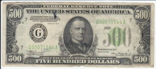 1934 $500 Federal Reserve Note Frn Fr.  2001g Chicago Us Currency B0633