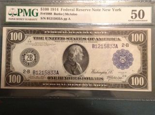 1914 $100 Federal Reserve Note Pmg Au 50