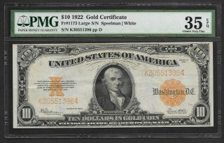 1922 $10 Gold Certificate Pmg 35 Epq