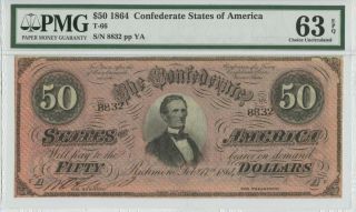 1864 $50 T - 66 Confederate Note Pmg 63 Choice Unc Epq