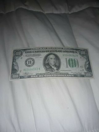 1934 A 100 Dollar Light Green Federal Reserve Note York