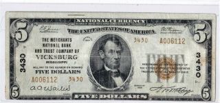 $5 1929 T2 National Vicksburg Mississippi Ms Mega Rare ( (5 On Census))  Best Known