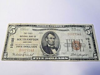 1929 $5 1st National Bank Of Southampton York,  National Currency
