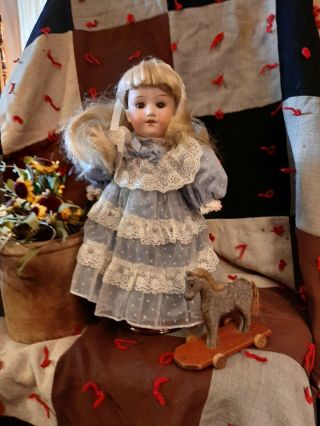 Antique 12 - Inch Am 390 In Adorable Blue Dress And Blonde Hair