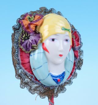 Antique German Porcelain Art Deco Lady Powder Puff Wand Half Doll Bas Relief