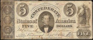1861 $5 Dollar Bill Confederate States Currency Civil War Note Paper Money T - 34