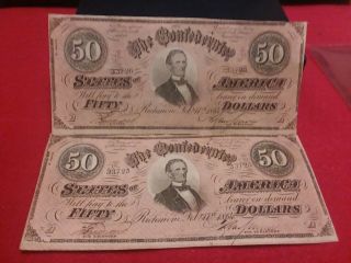 (2) 1864 Consecutive Serial Number $50 Confederate Civil War Notes