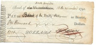 Rare Printed Bank Of North America $1000.  00 Hand Cancelled Check 1793
