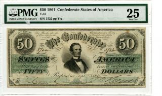 1861 $50 Confederate Currency T - 16 Pmg Vf 25.