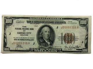 1929 Us $100 Kansas City Federal Bank National Currency Brown Seal Note