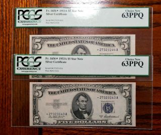 1953a $5 Silver Certificate Star Note ⭐ Pcgs 63ppq 2 Consecutive Notes