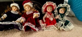 4 Vintage Porcelain Doll Christmas Ornaments Victorian 5 "