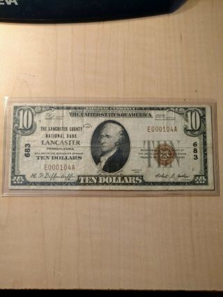 1929 $10 Lancaster National Bank Note Lancaster County E00104a