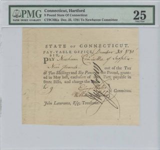 1781 9 Pounds Pay - Table Office Hartford Connecticut Pmg Vf25 Very Fine