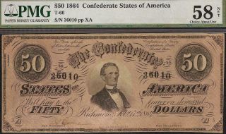 1864 $50 Dollar Bill Confederate States Note Civil War Paper Money T - 66 Pmg 58