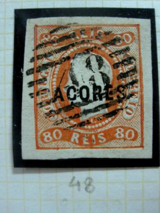 Portugal Azores Stamp,  1868 D.  Luís I Fita Curva,  Af 05 80 Reis Cancel " 48 "