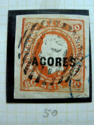 Portugal Azores Stamp,  1868 D.  Luís I Fita Curva,  Af 05 80 Reis Cancel " 50 "
