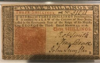 1776 Jersey Colonial 3 Shillings Note FR NJ - 177 PMG 50 About Uncirculated 2