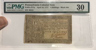 1777 Pennsylvania Colonial Note 4 Shillings Fr Pa - 2117a Pmg 30 Very Fine April