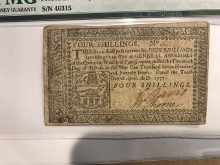 1777 Pennsylvania Colonial Note 4 Shillings Fr PA - 2117a PMG 30 Very Fine April 2