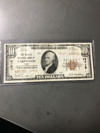 1929 Series The Peoples National Bank Of Lakewood,  Ohio $10 Note