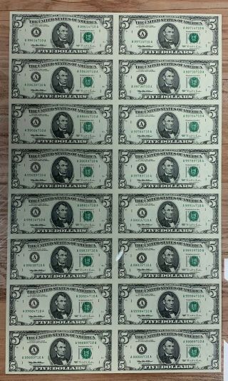 1995 A Series Uncut Sheet Of 16 Five Dollar $5 Uncirculated Us Currency Bills