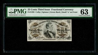 Fr - 1295 25 Cent 3rd Issue Fractional Currency " A " On Front Pmg Ch Unc 63 Tear