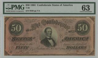1864 $50 T - 66 Confederate Note Pmg 63 Choice Unc