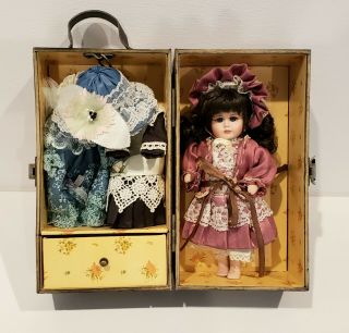 Porcelain 8 " Doll In Wood Trunk With Two Extra Dresses Set