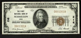 1929 $20 The First National Bank Of Massillon Oh National Bank Note