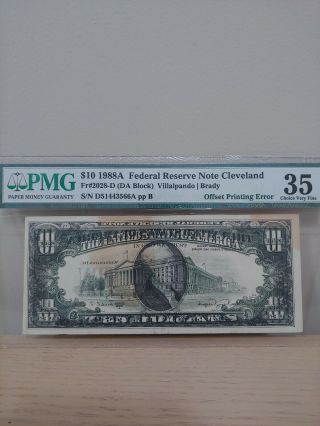 1988a $10 Federal Reserve Note With Offset Printing Error 35 Choice Very Fine