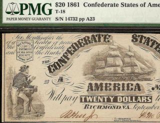 1861 $20 Dollar Confederate States Currency Civil War Ship Note Money T18 Pmg 58