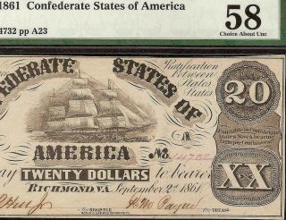 1861 $20 DOLLAR CONFEDERATE STATES CURRENCY CIVIL WAR SHIP NOTE MONEY T18 PMG 58 2