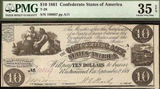 1861 $10 Dollar Bill Confederate States Currency Civil War Note T - 28 Pmg 35 Epq