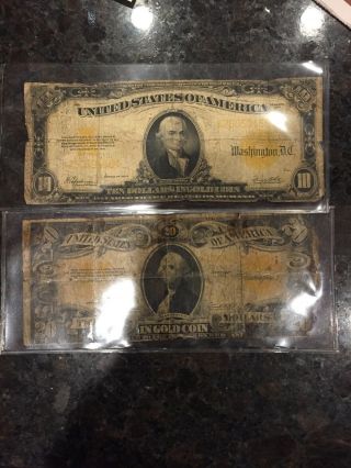 1922 $20 Gold Certificate And $10 Dollar Ten And Twenty