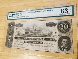 T - 67 $20 1864 Confederate Currency Csa - Graded Pmg 63 Epq - Choice Uncirculated