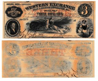 1857 $3 Western Exchange - Omaha City,  Nebraska Note Fully Signed A Rare Find