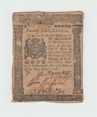 1776 Pennsylvania 20 Shillings Colonial Currency Note Philadelphia Us Usa Bill