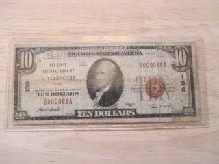 1929 $10 The First National Bank Of Gallipolis,  Ohio Low Serail 68 Rare