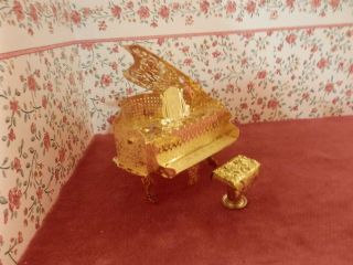 dollhouse miniature 1/2 scale gold scrolled grand piano and bench 3
