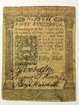 Colonial Currency Bank Note - October 1,  1773 - Fifty Shillings - Pennsylvania