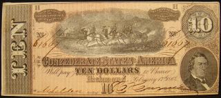 1864 Confederate $10.  00 Note From J.  E.  B.  Stuart Family Va.  Estate.  Civil War.