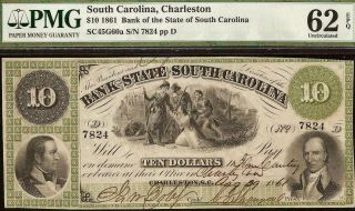 Large 1861 $10 Dollar South Carolina Bank Note Currency Paper Money Pmg 62 Epq