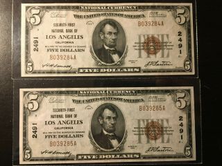 Two National Currency 1929 Ty 1 $5 Security - First Los Angeles - Sequential Numbers