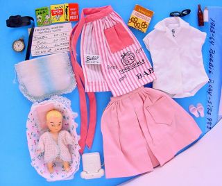 1963 - 1964 Barbie Baby - Sits Set 953 W White Plain Blouse & Pink Gathered Skirt