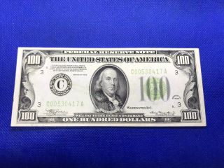 1934 $100 One Hundred Dollar Bill Federal Reserve Note Uncirculated Lime C
