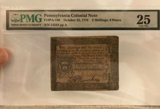 1775 Pennsylvania Colonial Note 2 Shillings 6 Pence Fr Pa - 188 Oct 25 Pmg Vf 25