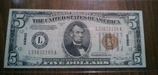 1934 A $5 Five Dollar Bill Hawaii Brown Seal Over Print Note