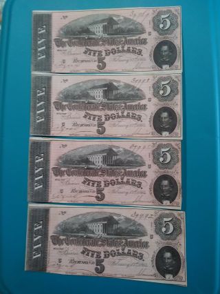 4 Consecutive 1864 Civil War $5 Dollar Confederate Notes.  Choice Uncirculated